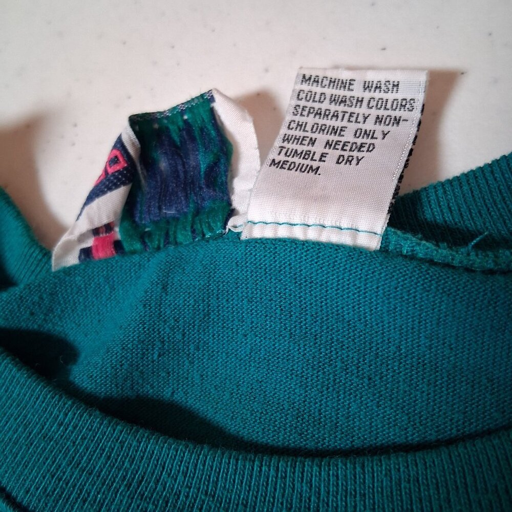 Vintage 1990s Bold Spirit Shirt Women Medium Turquoise Gold Sun Patch Celestial - Picture 8 of 13